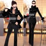 冬季加厚加绒丝绒定制提花套装2024一整套搭配上衣喇叭裤两件套