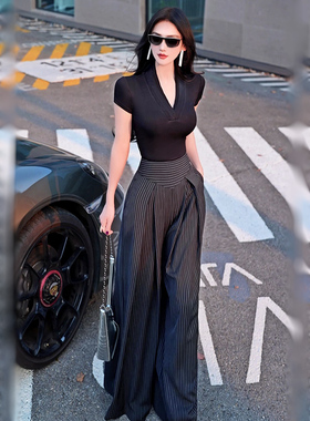 VJE春夏季黑色条纹阔裤腿女2025新款时尚气质百搭垂感休闲长裤