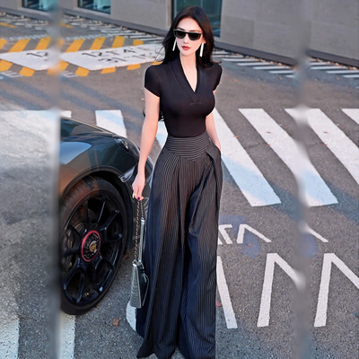 VJE春夏季黑色条纹阔裤腿女2025新款时尚气质百搭垂感休闲长裤