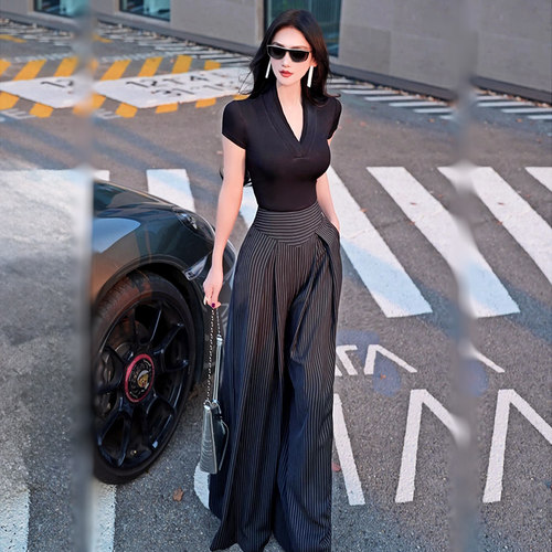 VJE春夏季黑色条纹阔裤腿女2025新款时尚气质百搭垂感休闲长裤