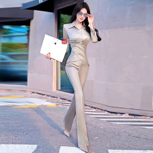 VJE初秋褶皱交叠设计衬衣喇叭裤两件套2025新款商务职场干练套装