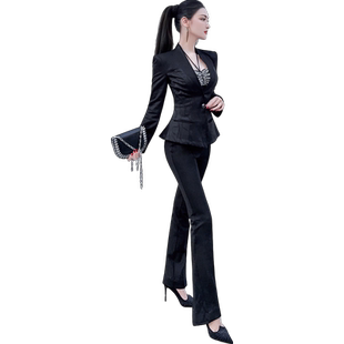 VJE提花撞色拼接西装垂顺喇叭裤两件套秋季OL正装套装