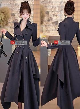 VJE春季双排扣风衣式过膝长裙2025新款时尚小众中长款风衣外套