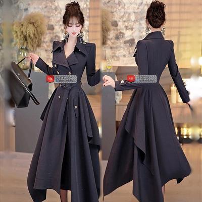 VJE春季双排扣风衣式过膝长裙2025新款时尚小众中长款风衣外套