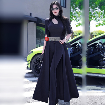 VJE夏季女王范短袖长风衣喇叭裤镂空T恤三件套2025新款不撞款套装