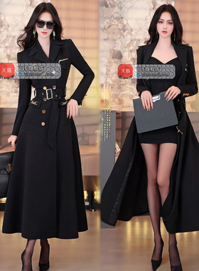 VJE早春摩登风黑色双排扣收腰外套2026新款时尚大气中长款风衣女