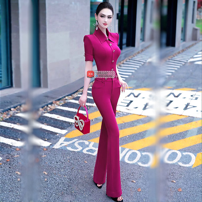 VJE夏季OL职业气质衬衫套装2025新款通勤上衣高腰喇叭裤两件套