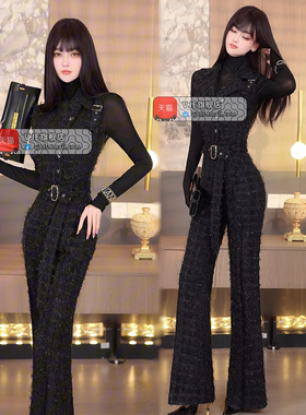 VJE早春小香风连体裤2026新款设计感一衣两穿无袖不规则连身长裤