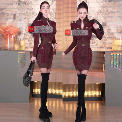 VJE秋冬欧美风撞色提花高领针织裙2025新款修身收腰内搭连衣裙