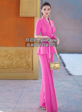 夏季职业OL女人味褶皱上衣阔腿裤两件套新款气质女神范套装