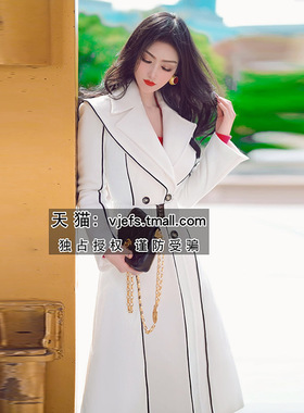 VJE冬季白色欧美气质拼接大翻领毛呢新品修身过膝棉袄大衣