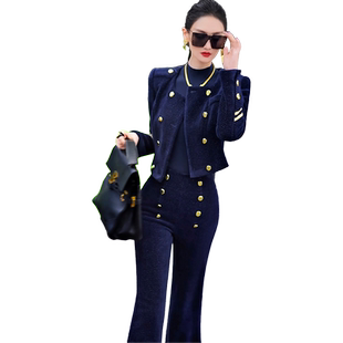 秋冬搭配一整套双排扣加厚外套直筒裤两件套新款欧美名媛套装