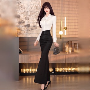 VJE早春气质法式黑色半身裙2026新款高腰显瘦中长款过膝鱼尾裙