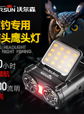 沃尔森猫头鹰头灯强光超亮夜钓鱼专用感应充电超长续航头戴帽夹灯