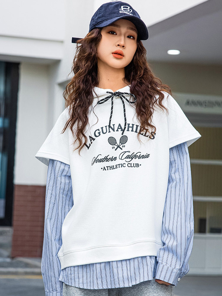 2026新款春装女童少女中学生女孩洋气假两件衬衫卫衣休闲连帽上衣