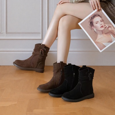 真皮短靴女2025秋冬新款美拉德