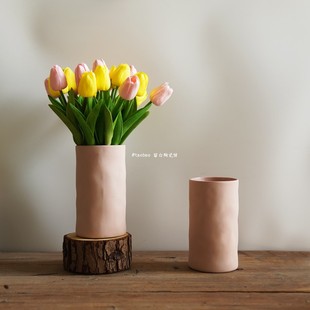 美国单 简约软装 WOVEN家 可水培 云冰粉红手工粗陶圆柱花瓶 留白