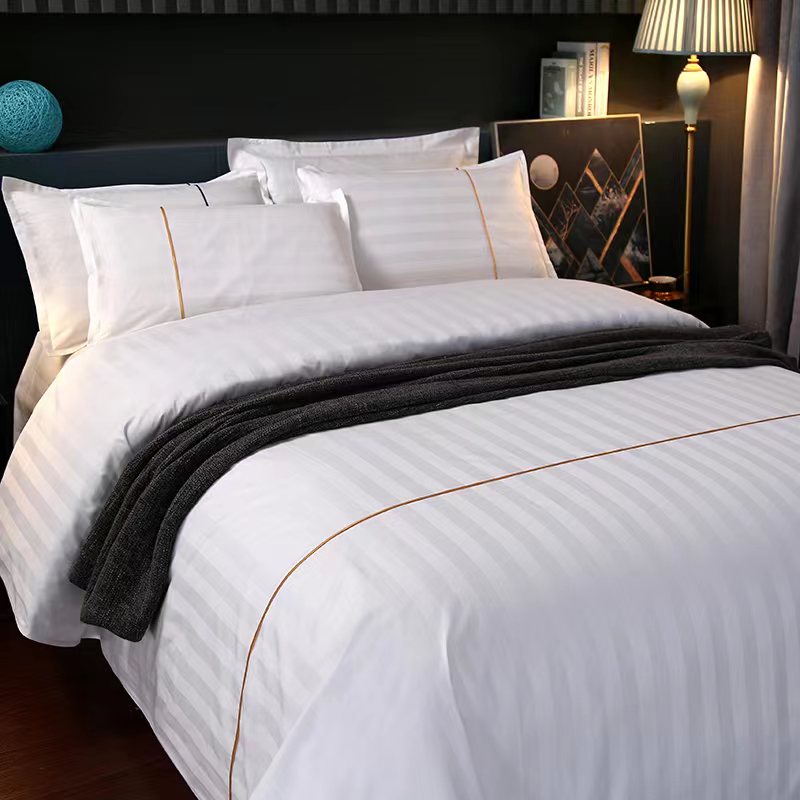 酒店宾馆专用床上四件套缎条白色被套床单民宿被芯枕芯六件套床笠