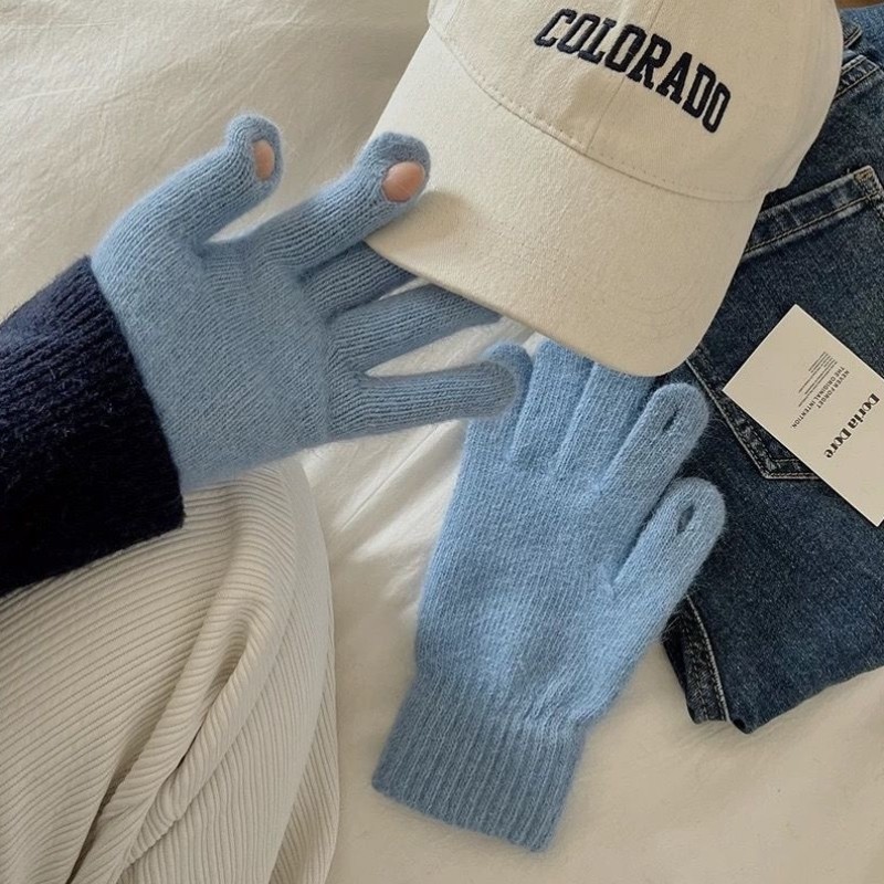 露指触摸屏幕兔毛加绒保暖手套冬季保暖抗冻五指骑行玩手机手