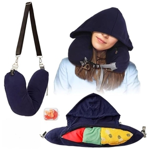连帽兜可填充衣物头枕 连帽U型枕头收纳袋 飞机旅行枕头颈枕套