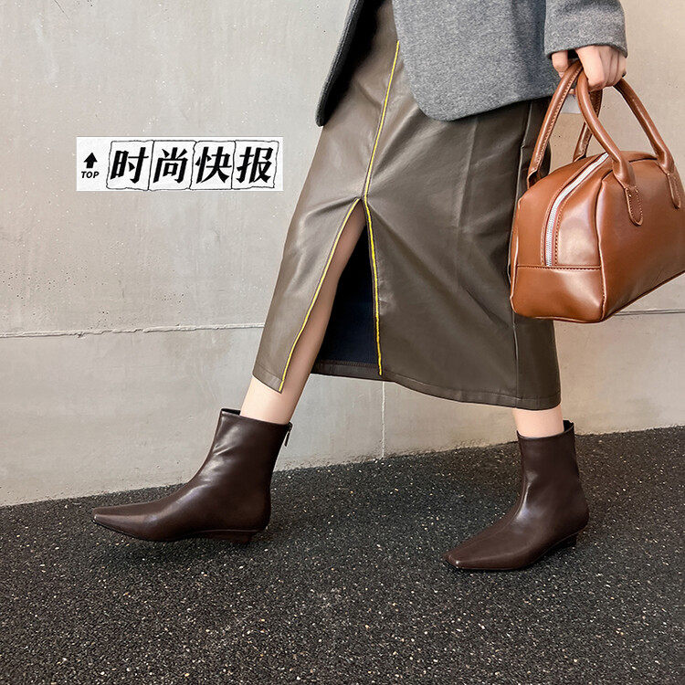 荔枝夫人方头坡跟羊皮短靴显瘦靴