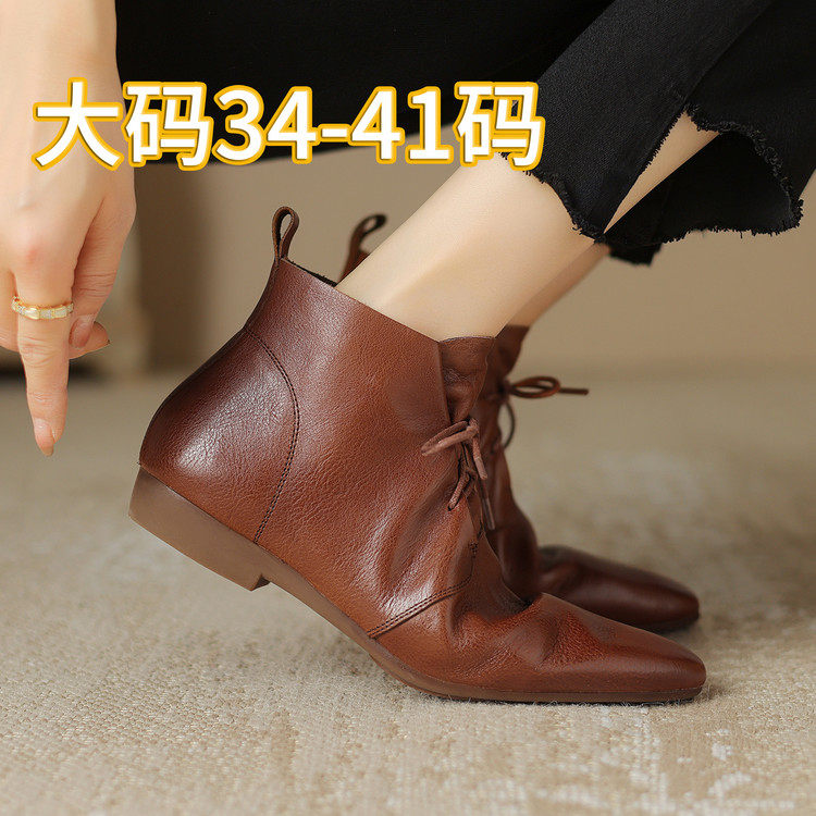 时尚尖头系带短靴女冬季头层牛皮平底百搭踝靴大码女靴