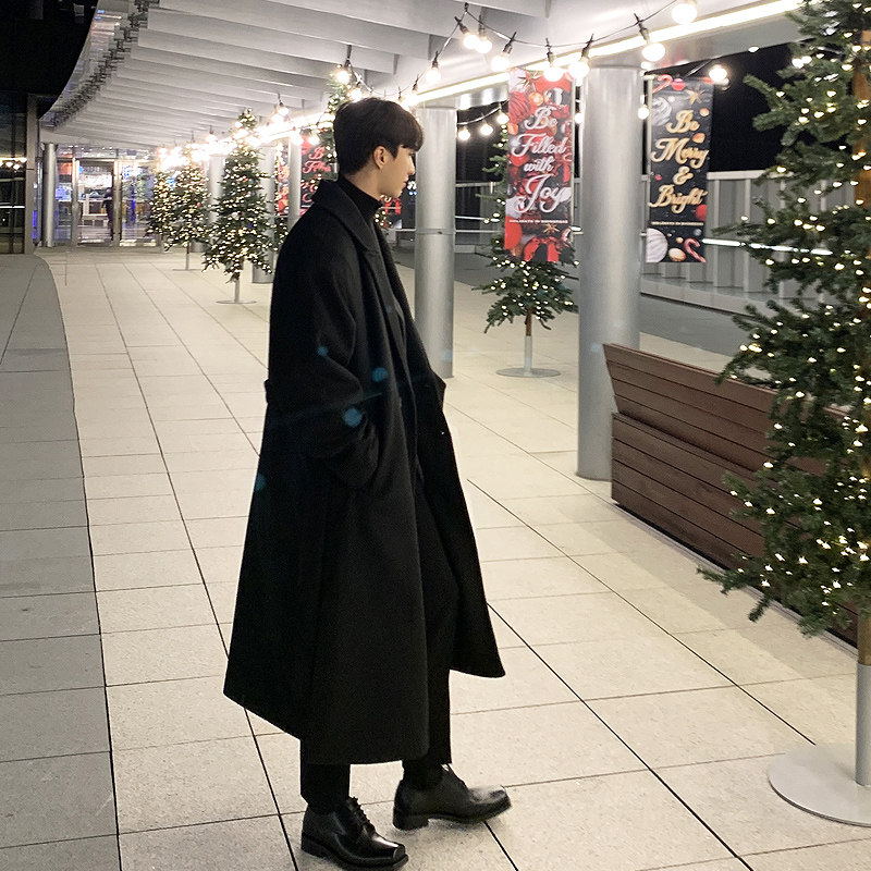 AUTUMN AND WINTER WOOLEN COAT MENS THICK WINDBREAKER MID-LENGTH OVER-THE-KNEE KOREAN NON-SIDED CASHMERE WOOLEN COAT TREND