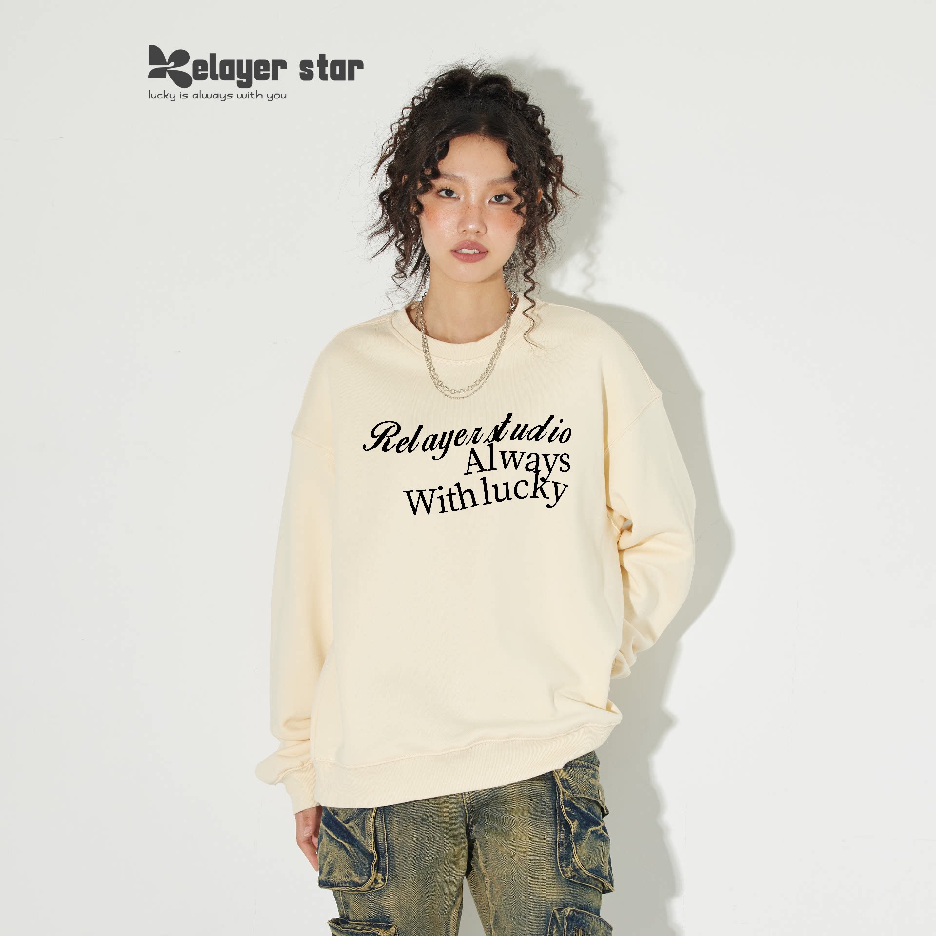 Relayerstar美式复古字母印花卫衣女秋冬新款米白色圆领宽松套头