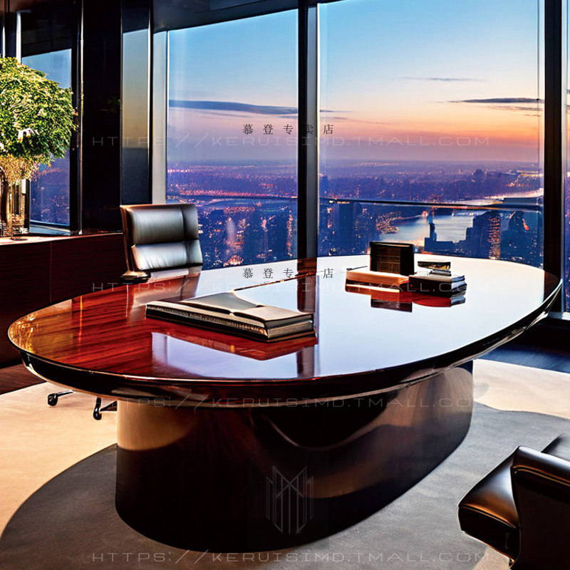 椭圆弧形老板桌 设计师款钢琴亮光烤漆书桌高端办公桌 总裁桌定制
