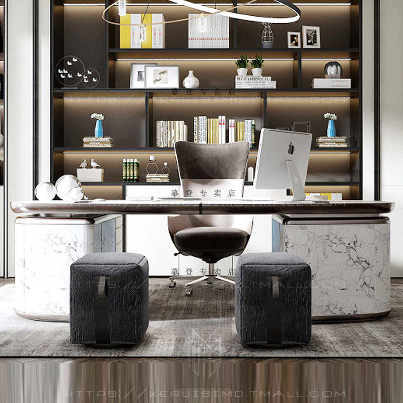 新中式大班桌 大理石胡桃木老板办公桌 轻奢岩板书桌 总裁桌定制