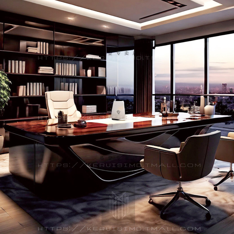 现代轻奢办公桌 高端大气总裁桌 实木老板桌 亮光钢琴烤漆办公桌