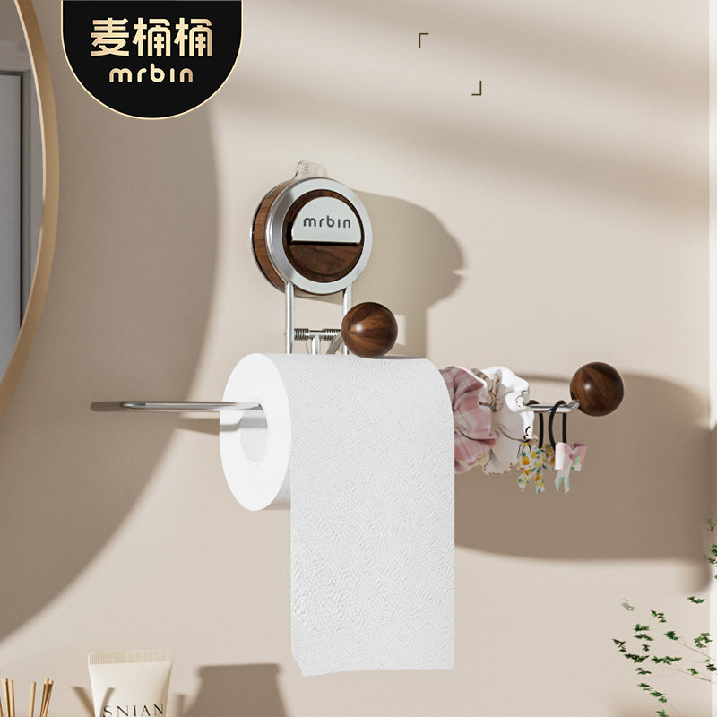 麦桶桶免打孔浴室纸巾架不锈钢卫生间卷纸架免安装吸盘式木质置物
