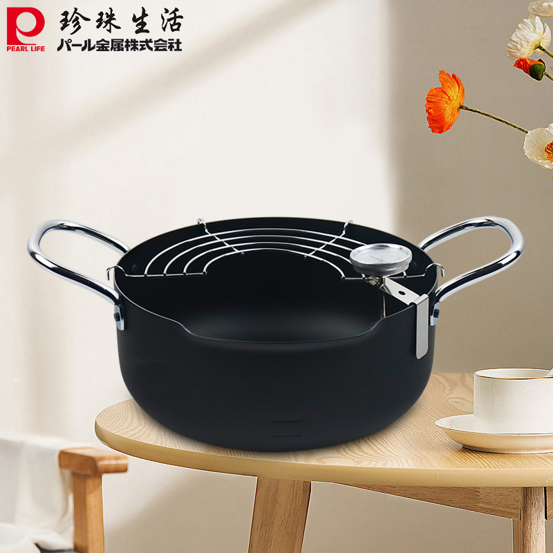 日本原装进口珍珠生活天妇罗温控计小炸锅炸鸡炸薯条含沥油架20cm