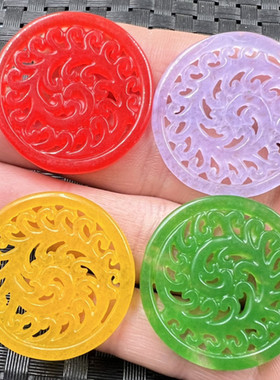 玉石挂件碧绿色凤尾骨架鸡血红镂空吊坠紫罗兰项链坠石英岩玉牌子