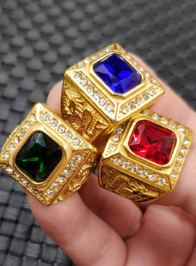 新款精美冰种宝蓝色锆石鸡血红方形戒指蜜蜡切面戒指饰品戒指指环