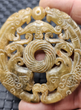 仿古岫玉双龙壁玉石挂件