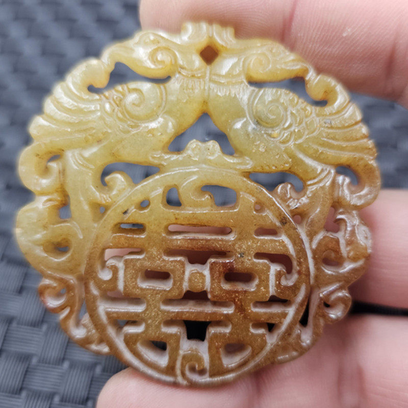 仿岫玉双喜玉石挂件双面雕刻镂空双凤吊坠玉牌子汽车挂件玉璧玉坠