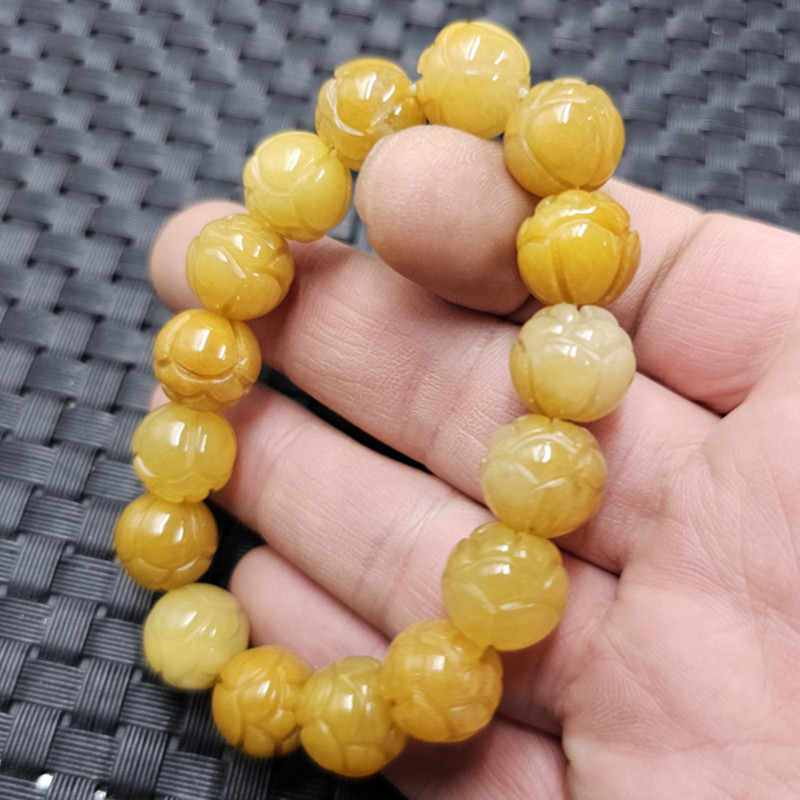 新疆和田金丝玉莲花珠玉石手链黄玉石英岩玉雪莲花土黄色手链手串