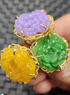 优化翡翠玉干青牡丹花玉石戒指