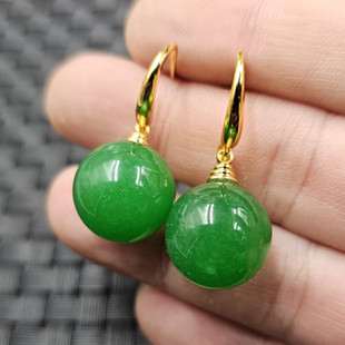 碧绿色圆珠玉石耳环菠菜绿石英岩玉16毫米耳环女款耳环玉耳坠耳饰