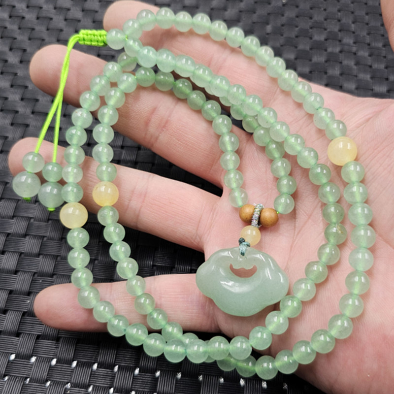 东陵玉如意玉石挂件东陵玉圆珠可调节毛衣链草绿色圆珠项链坠珠链