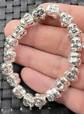 藏银苗银弥勒佛手链佛头手串