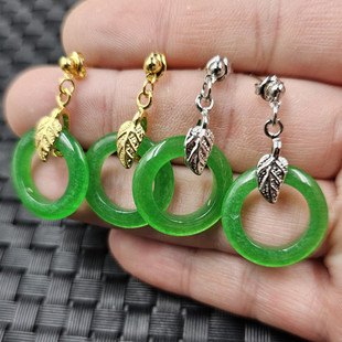 碧绿色平安扣玉石耳环菠菜绿石英岩玉圆环耳环玉耳坠玉耳饰