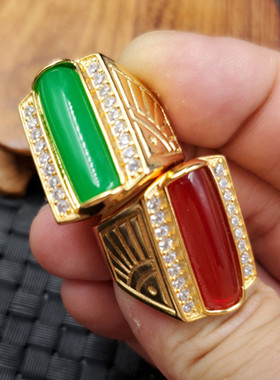 饰品戒指新款绿色石英岩玉戒指鸡血红平安牌戒指玉石戒指指环