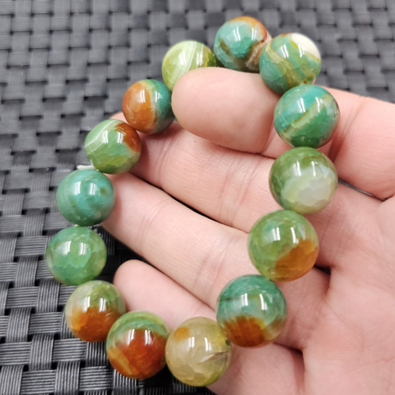 包邮冰花玛瑙圆珠玉石手链龙纹