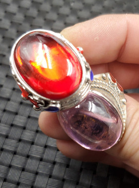 鸡血红锆石戒指宝蓝色锆石戒指大号仿古戒指活口戒指饰品戒指