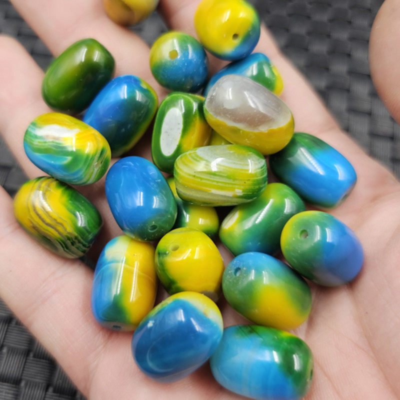 彩绘玛瑙桶珠玉石散珠缠丝玛瑙橄榄绿天河蓝黄色路路通饰品配件珠