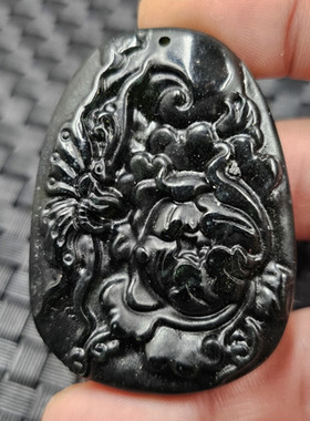 新疆和田墨绿玉牡丹花玉石挂件