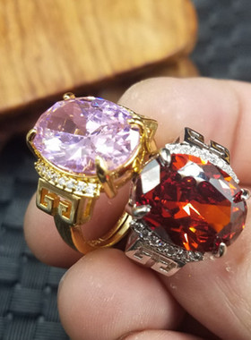 靓丽百搭冰种粉色锆石戒指宝蓝色锆石切面戒指多棱鸡血红戒指活口