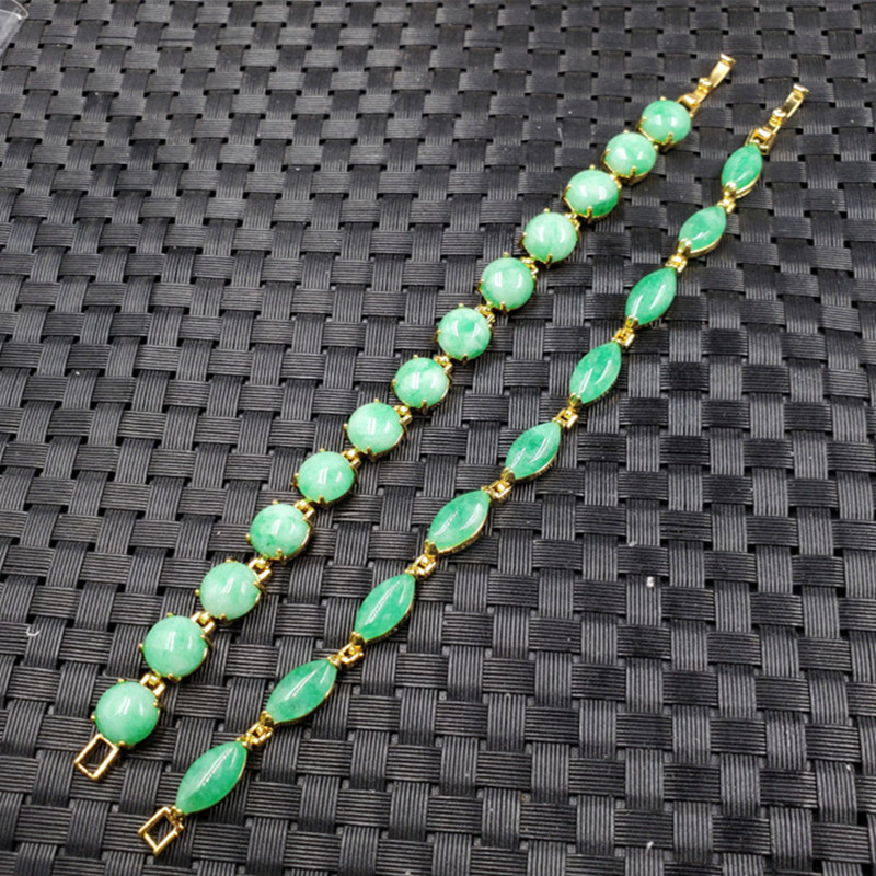 精美天然玉石翠玉干青圆形手链豆绿阳绿马眼手链玉石手链玉手串